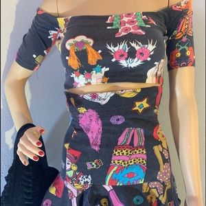 Paper doll cropped top and mini ruffled skirt.